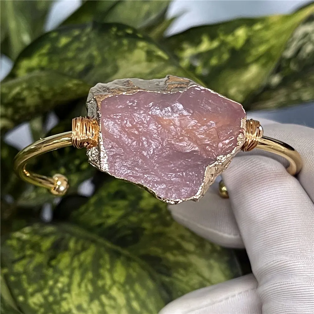 Wholesale handmade hammering surface craft natural Madagascar rose quartz crystal bangle gold plating wire wrapped jewelry women