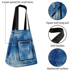 Denim Print <b>Foldable</b> Shopping Bag Nylon Tote Bag Large Reusable Carry Bag With Zipper Pocket - Product Image 3