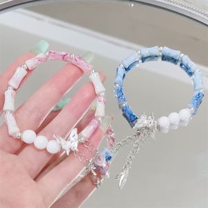 Chinese Style Platinum <b>Beaded</b> Bamboo Joint <b>Bracelet</b> with Butterfly Charm <b>Gold</b>/Silver Plated Sweet Style Jewelry for Women Girls - Product Image 4