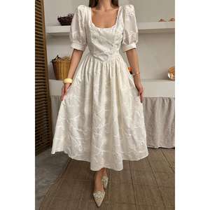 Wholesale ODM Elegant Casual Beige <b>Dress</b> with Balloon Sleeve Embroidery Peter Pan Collar Floor-Length <b>Sexy</b> Summer XS Size - Product Image 2