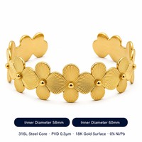 Bracelet manchette haut de gamme en acier inoxydable plaqué or PVD 18 carats, résistant au ternissement et étanche, motif pétale de fleur