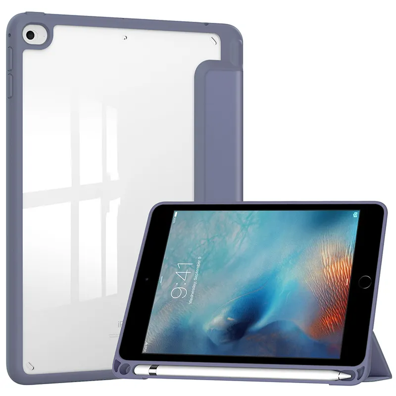 เคสแท็บเล็ตอัจฉริยะหนัง PU แบบฝาพับเคส PC ใสพร้อมช่องใส่ดินสอสำหรับ iPad MINI 5