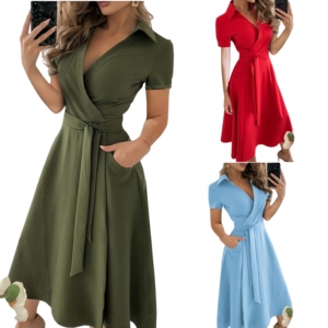 Vestido Midi Elegante de Oficina para Mujer, Tejido, Cuello en V, Sin Mangas, Lazos, Estampado Floral, Bolsillos, Estilo Casual, Cintura Natural, Primavera Verano - Product Image 1