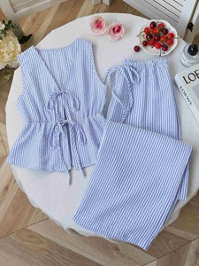 Traje de Verano de Color Sólido a Rayas, Chaleco Informal con Cordones, Pantalones Holgados de Color Sólido con Cordones, Traje Informal y Dulce - Product Image 4