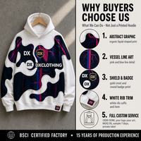 Sweat à capuche personnalisé blanc et noir 360 g/m² avec imprimé graphique abstrait, détails de lignes de dessin et bordure côtelée blanche – Streetwear OEM ODM