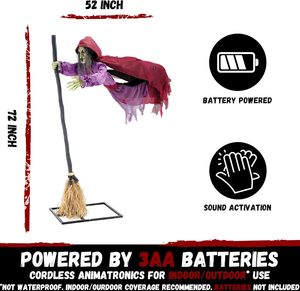 ELAMAS Decorazione di Halloween Animatronica, Strega Volante di 1,8 m, Galleggiante, Attivata dal Suono, Occhi Luminosi Parlanti, Decorazione Horror per Esterni - Product Image 4