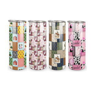 Gobelet isotherme personnalisé en acier inoxydable de 20 oz, motif patchwork western, avec paille et couvercle, pour café et voyage - Product Image 2