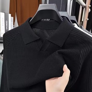 Camisa de punto de manga larga 100% algodón para hombre, cuello vuelto, detalle de cuentas, top versátil para primavera y otoño - Product Image 5