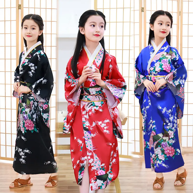 minthson Traditional Japanese Children Kimono Style Peacock Yukata Dress for Girl Kid Cosplay Japan Haori Costume Asian Clothes