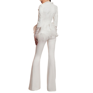 Veste col en V personnalisée de haute qualité boutonnée Polyester Nylon garniture d'autruche Pure soie Tulle français Chantilly dentelle veste - Product Image 6