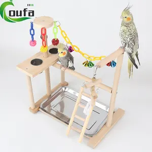 Small Parrot Bird Playground Play Stand Natural Wooden Handmade Bird Stand Tabletop Portable Parrot Play Gym With Feeder Cups