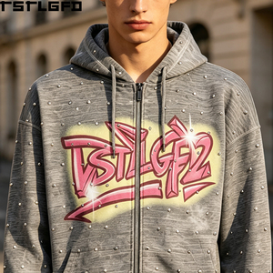 Sudadera con capucha personalizada de algodón grueso con cremallera bidireccional, estampado de grafiti con pedrería, estilo urbano, corte holgado, venta al por mayor - Product Image 3