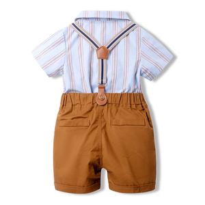 Tenue vintage pour bébé garçon chemise à rayures bleues short à bretelles marron nœud papillon vêtements de cérémonie photographie <span class=keywords><strong>Costume</strong></span> ensembles de vêtements pour bébés - Product Image 2