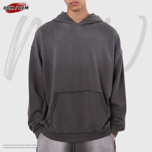 Sudadera con capucha estilo americano de algodón puro, holgada, con efecto desgastado, lavado batik y degradado. - Product Image 5