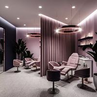 Présentoir personnalisable pour salon de manucure avec comptoir en pierre rose et bleue avec éclairage LED