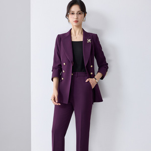 Women's Navy Blue Suit <b>Set</b> Double Breasted <b>Blazer</b> Pants Office Lady Formal Work Attire Autumn Anti-Wrinkle Polyester Full Sleeve - Product Image 4