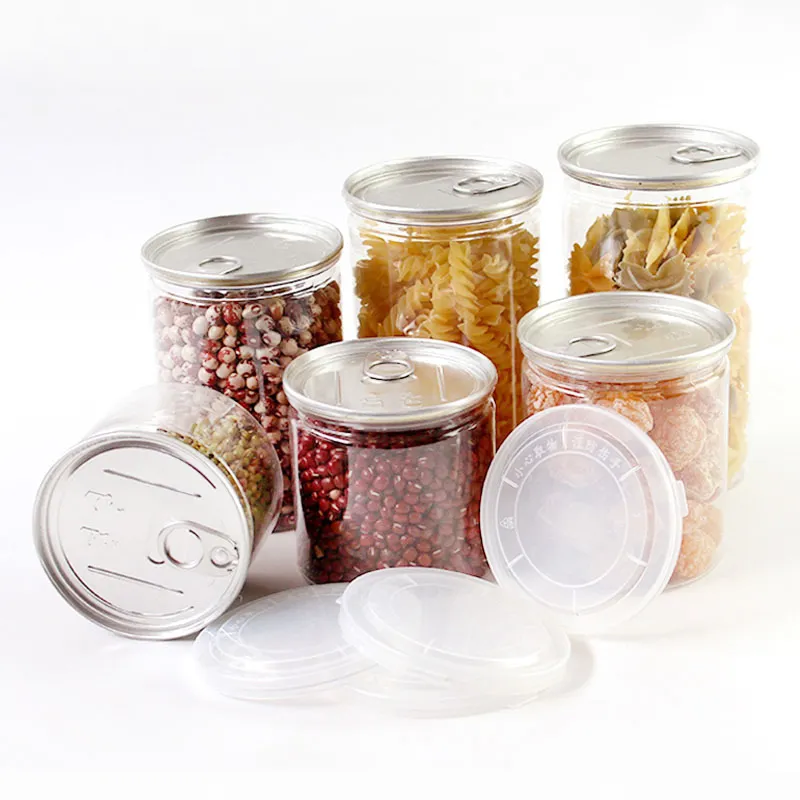 Frasco de plástico para animais de estimação, 100ml, 200ml, 350ml, 400ml, 450ml, fácil de abrir, com tampa de rosca, latas de plástico transparente, selado, para embalagem de alimentos