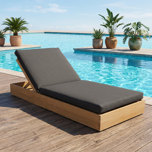 Sillón de Exterior con Cojín de Tela de Poliéster Gris, Estructura de Madera de Teca, Diseño Moderno sin Brazos, Resistente a los Rayos UV, para el Borde de la Piscina - Product Image 1