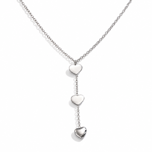 Collar Lariat de Tres Corazones de Acero Inoxidable en Tono Plateado Pulido con Cadena Fina en Forma de Y - Product Image 1