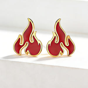 Torch Flame <b>Stud</b> Earrings Gold Red Enamel <b>Titanium</b> Steel Party Fashion Jewelry - Product Image 1