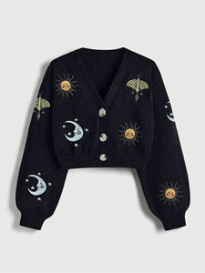 Cardigan in <span class=keywords><strong>Maglia</strong></span> <span class=keywords><strong>con</strong></span> Bottoni Ricamati da Donna Autunno Inverno Motivo Sole Luna Maniche a Lanterna Scollo a V - Product Image 6