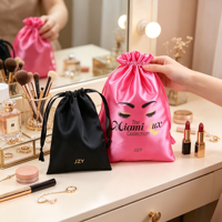 Sac à cordon en satin avec logo personnalisé, sac de rangement de luxe pour extensions de cheveux et perruques, emballage cadeau promotionnel, sac OEM avec étiquette privée