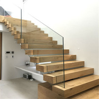 Ace Kit d'escalier en bois en forme de L Tuiles d'escalier Contrôleur Led moderne Éclairage Rail de verre Escalier flottant Escalier flottant
