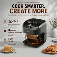 Friteuse à air moderne 1600W 6L avec fenêtre de visualisation, corps en plastique, cuve en verre sans revêtement, usage commercial et domestique, LED, sans huile, électrique, garantie 1 an
