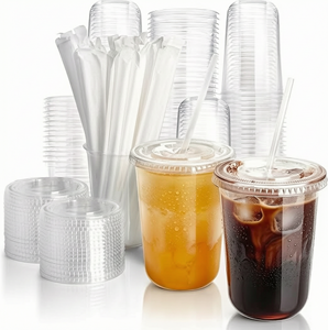 Gobelets ronds jetables transparents de 16 oz avec couvercles et pailles, sans BPA, pour bubble tea, café, milkshakes, boissons froides et fêtes - Product Image 1