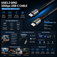 Câble de transfert de données et vidéo USB-C vers USB-C LUNG KAY OEM 10 Gbps 4K 60 Hz 100 W 5 A à charge rapide, tressé en nylon