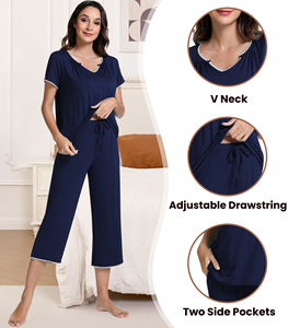 Liquidación de Stock: Conjunto de Pijama de 2 Piezas para Mujer, Azul Marino, Cuello en V, Manga Corta, Algodón Suave con Spandex, Ropa de Dormir, Disponible para Venta al Por Mayor - Product Image 3