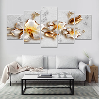 Mur 3D Art Décoration Peinture Fleur Toile Peinture Toile 5 Panneau Doré Acrylique Impression Numérique Moderne Cadre Personnalisé