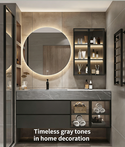 Dark gray modern style bathroom cabinet with round smart <b>mirror</b> washbasin and washbowl combination - Product Image 2