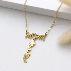 Personalized MoM Heart Diamond Engraved Name Necklaces Letter Stainless Steel Fashion Necklace With 1-10 Baby Feet Charms