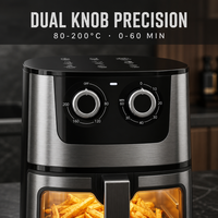 Friteuse à air carrée moderne en acier inoxydable 5,5 L avec fenêtre d'observation, sans huile, double bouton, 80-200°C, minuterie 0-60 min, grande capacité, saine