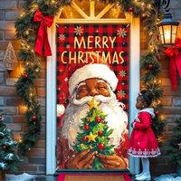 Housse de porte de Noël amusante avec Père Noël, chiens mignons, cheminée, boîtes cadeaux, bannière de porte rouge, décoration intérieure et extérieure personnalisable