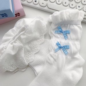 White Bow <b>Lace</b> <b>Socks</b> Mid Calf Women Sweet Cute JK Style Breathable Polyester Fiber Youth Fashion - Product Image 2