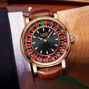 Montre à quartz analogique pour homme, verre minéral 45 mm, étanche 3 bars, bracelet en cuir marron, boîtier en acier inoxydable, multifonctionnelle - Product Image 2