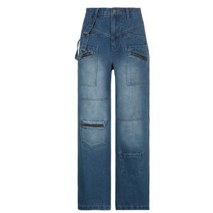 กางเกงยีนส์เอวสูงทรงตรงมีกระเป๋า, กางเกงยีนส์ลำลองสไตล์สตรีท - Product Image 5