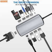 Hub USB 3.0 Tipo-C de 11 Puertos de Aleación de Aluminio con Adaptador de CA para Laptop, Ethernet 2.1 y Base para Teléfono Móvil