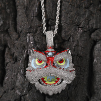 Nouveautés style ethnique : Collier tête de lion multicolore, pendentif créatif rétro danse du lion, hip-hop, en cuivre incrusté de zircon