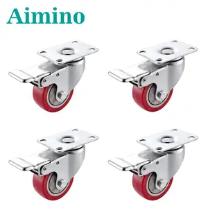 AIMINO OEM 4 Pack 3 ”重型脚轮车轮PVC旋转脚轮，带360度顶板红色车轮4带制动器