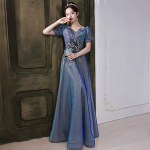 Evening Dress V-Neck A-Line Blue Satin Floral Print Natural Waistline Polyester Fabric - Product Image 2
