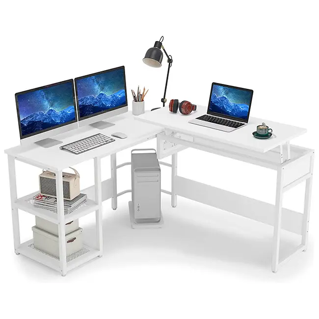 Fábrica Atacado Industrial De Madeira L Shaped Desk com Prateleiras Canto Mesa Do Computador Mesa Longa Escritório Escrita Estudo Mesa De Trabalho