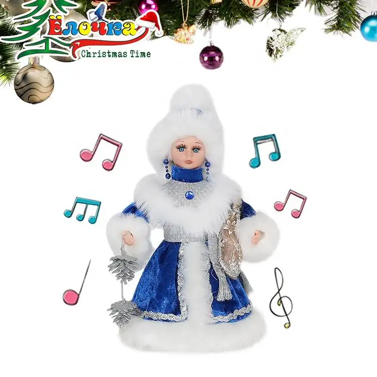 Boneca de pelúcia elétrica snegurochka, boneca russa de pelúcia com ornamentos de cantar e dançar azul neve com música