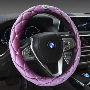 High quality car accessories wholesale custom lady rhinestone gem stone plush steering wheel cover car steering wheel cover