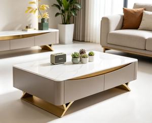 Table basse moderne avec plateau en marbre, structure en métal, rangement, meubles de salon - Product Image 2