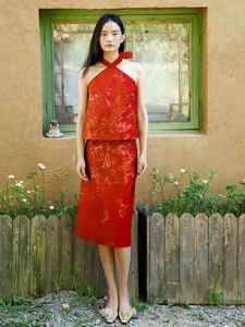 Nuovo Set da Spiaggia in Stile Cinese con Top Halter Antistatico in Jacquard Rosso Vino e Gonna <span class=keywords><strong>Vintage</strong></span> Ricamata per Brindisi della <span class=keywords><strong>Sposa</strong></span> - Product Image 6