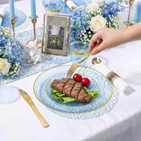 100 Assiettes jetables en plastique écologiques bleues à bord doré, motif martelé, 50 assiettes à dessert, 50 assiettes à dîner, pour fêtes