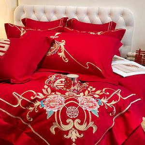Juego de Cuatro Piezas de Ropa de Cama de Estilo Chino de Alta Gama, Color Rojo Brillante, 100% Algodón, Fundas de Almohada, 300 Hilos, Personalizable - Product Image 4